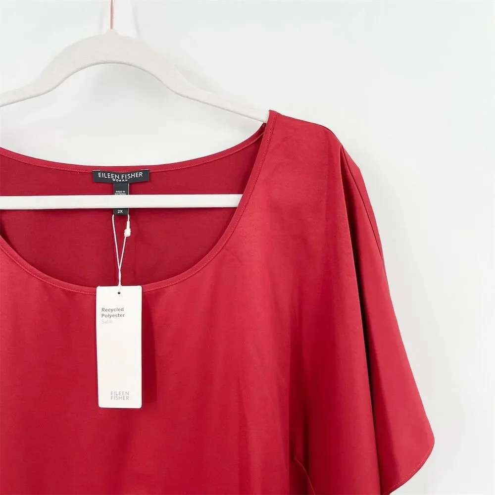 Eileen Fisher Recycled Polyester Satin Box Top Plus Size 2X Red Short Sleeve NWT